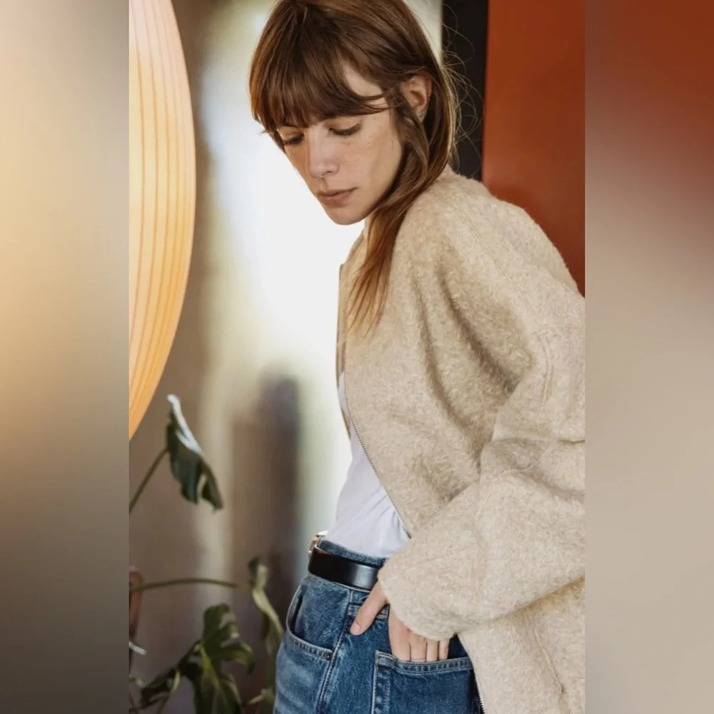 ZARA 5070/642 Textured Bouclé Bomber Jacket Sand Beige XS Oversized Quiet Luxury - Picture 7 of 16